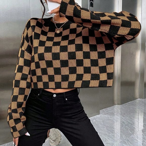 Brown Preppy womens Checkered Pattern Drop Shoulder Sweater - Picture 3 of 5